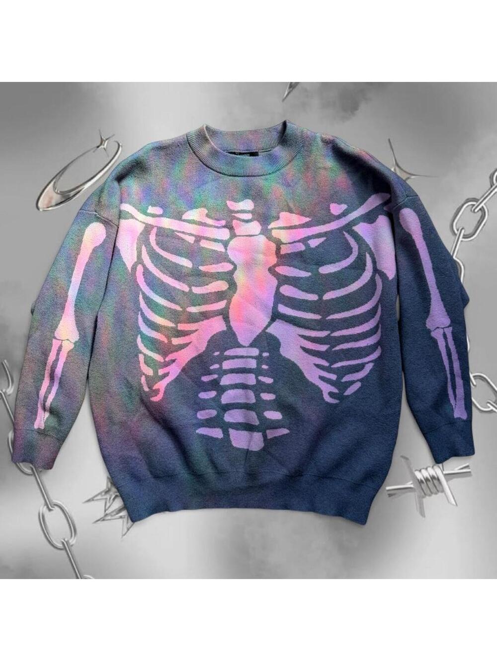 Y2K Halloween Oversized Gray Pink Skeleton Ribcage Sweater Forever 21 S